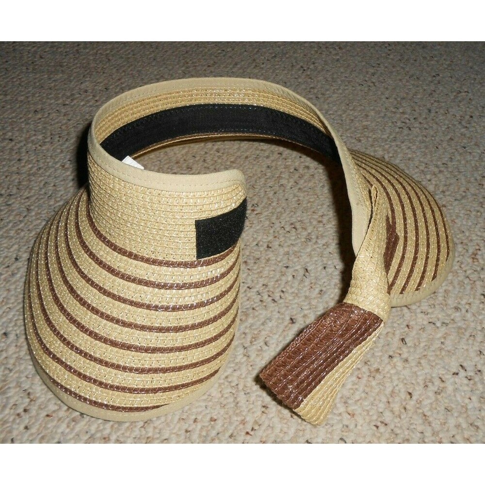 CRUISE CLUB WOMEN'S Straw Sun Beach Hat Adjustable Visor Beige/Brown EUC - Picture 3 of 5
